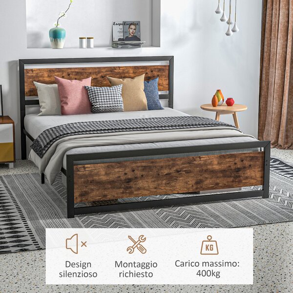 Rám postele HOMCOM Double 167x208x103cm z dřeva a oceli s integrovanými lamelami a průmyslovým stylem, černý a rustikálně hnědý | Aosom