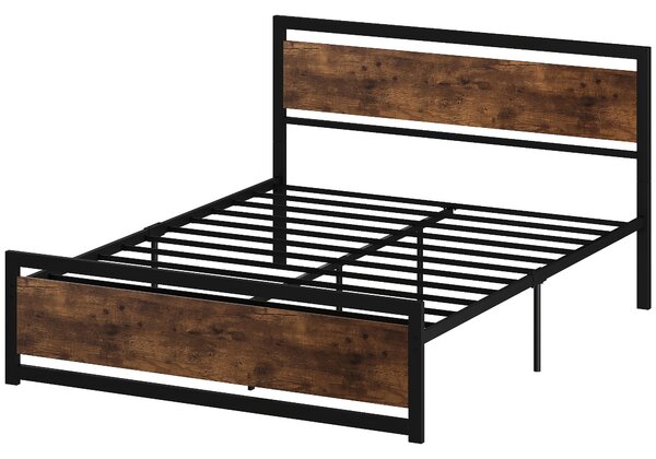 Rám postele HOMCOM Double 167x208x103cm z dřeva a oceli s integrovanými lamelami a průmyslovým stylem, černý a rustikálně hnědý | Aosom