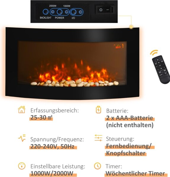 Elektrický krb s ohřevem, nástěnný krb s LED efektem plamene, 7 barev plamene, 1000/2000 W, elektrický krb s časovačem, nastavitelný termostat