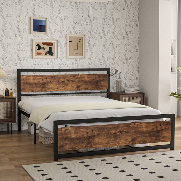 Rám postele HOMCOM Double 167x208x103cm z dřeva a oceli s integrovanými lamelami a průmyslovým stylem, černý a rustikálně hnědý | Aosom