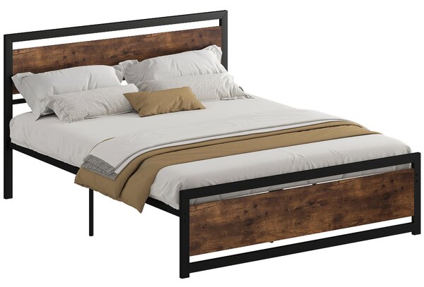 Rám postele HOMCOM Double 167x208x103cm z dřeva a oceli s integrovanými lamelami a průmyslovým stylem, černý a rustikálně hnědý | Aosom