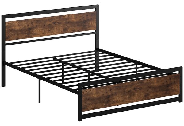 Rám postele HOMCOM Double 167x208x103cm z dřeva a oceli s integrovanými lamelami a průmyslovým stylem, černý a rustikálně hnědý | Aosom