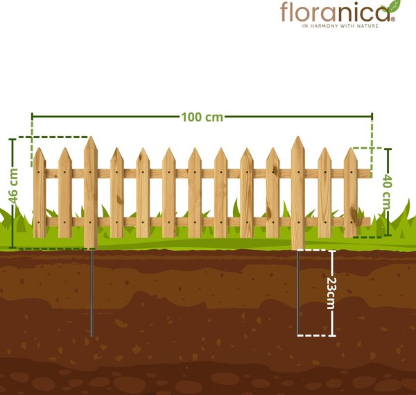 Floranica 3 ks 100 x 40 cm přírodní s kovovým sloupkem zahradní plot předzahrádka zapichovací plot ozdobný plot latě