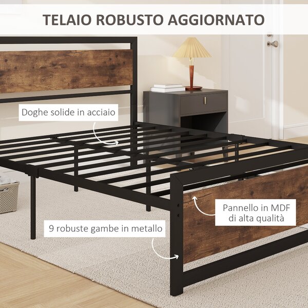 Rám postele HOMCOM Double 167x208x103cm z dřeva a oceli s integrovanými lamelami a průmyslovým stylem, černý a rustikálně hnědý | Aosom