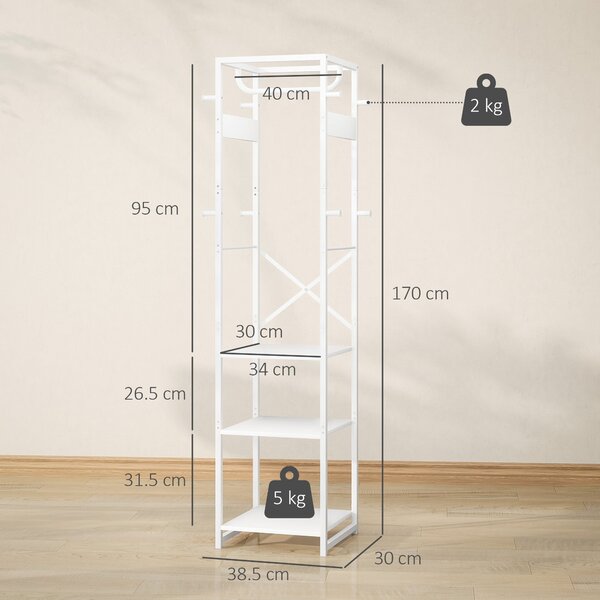 HOMCOM Stojan na kabáty s tyčí a 3 otevřenými policemi, Stojan na kabáty z MDF a oceli do předsíně a ložnice, 38,5x30x170 cm, Bílý | Aosom