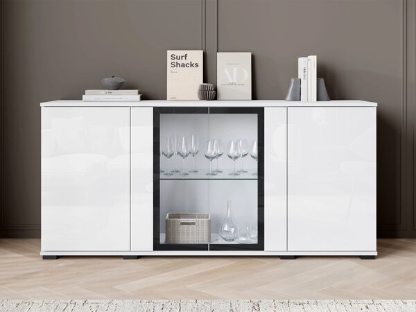 Komoda s dvířky a LED osvětlením EANA - bílá / bílá lesklá