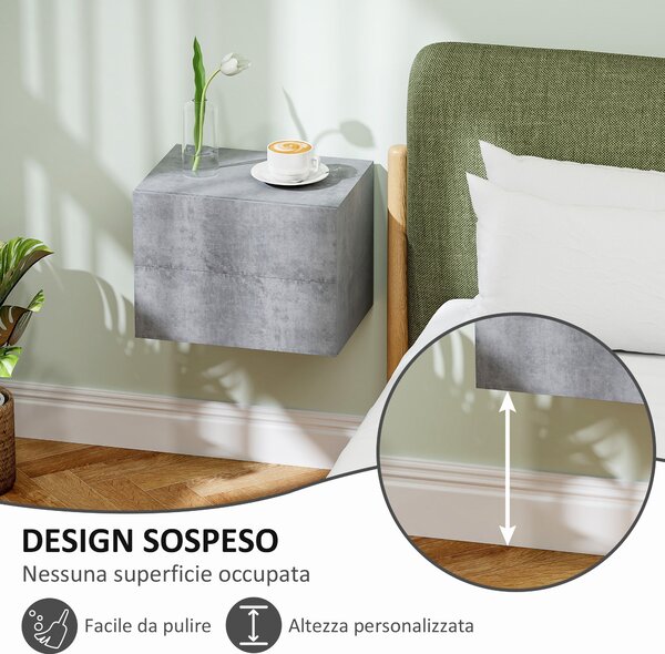 HOMCOM Sada 2 nástěnných nočních stolíků se 2 zásuvkami, noční stolky do ložnice, úsporné postranní stoly do obývacího pokoje, 40x29x30 cm, šedý cemen