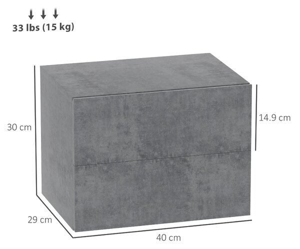 HOMCOM Sada 2 nástěnných nočních stolíků se 2 zásuvkami, noční stolky do ložnice, úsporné postranní stoly do obývacího pokoje, 40x29x30 cm, šedý cemen