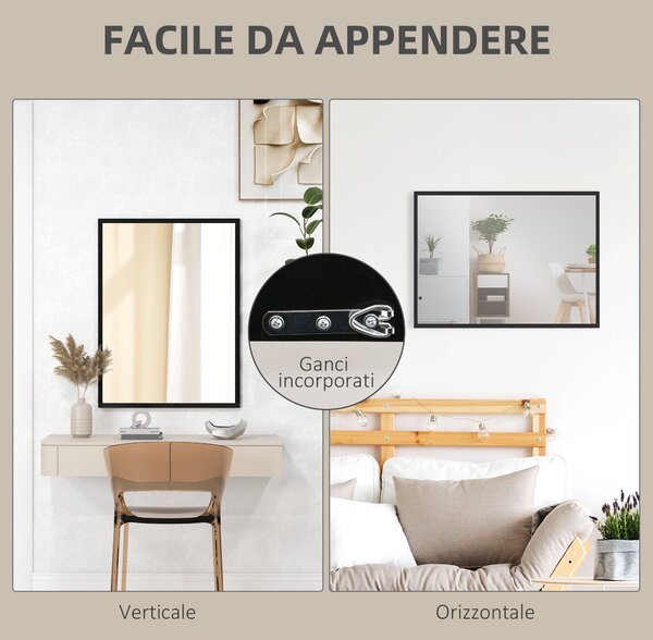 HOMCOM Obdélníkové Zrcadlo se Háčky, Zrcadlo ve Skle a MDF, 60x80 cm, Černé | Aosom