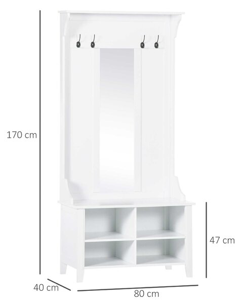 HOMCOM Stojan na kabáty se zrcadlem a botníkem, 4 háčky, dřevo 80x40x170cm bílý | Aosom