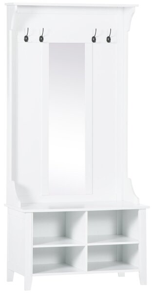 HOMCOM Stojan na kabáty se zrcadlem a botníkem, 4 háčky, dřevo 80x40x170cm bílý | Aosom