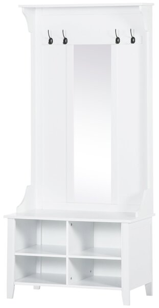 HOMCOM Stojan na kabáty se zrcadlem a botníkem, 4 háčky, dřevo 80x40x170cm bílý | Aosom