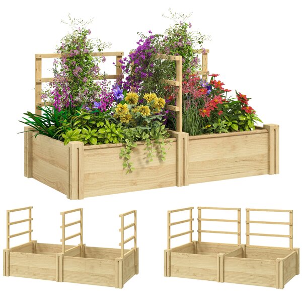 Outsunny Vyvýšený Záhon s 3 Trellisy, Otevřeným Dnem a 2 Květináči, Dřevěný Květináč s Trellis pro Popínavé Rostliny, pro Balkon, 119x62,5x64 cm, Dřev