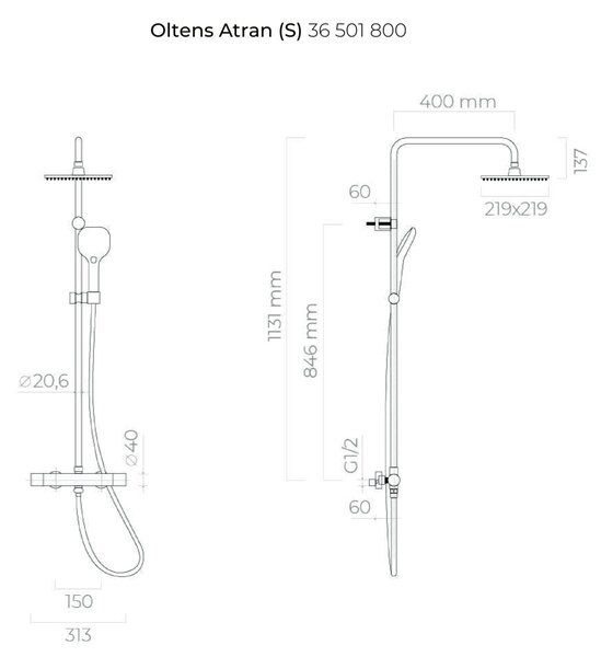 Oltens Atran sprchová sada na stěnu s termostatem s dešťovou sprchou zlatý lesk 36501800