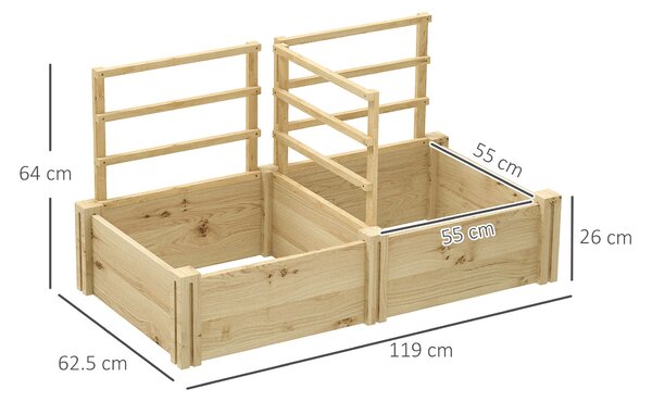 Outsunny Vyvýšený Záhon s 3 Trellisy, Otevřeným Dnem a 2 Květináči, Dřevěný Květináč s Trellis pro Popínavé Rostliny, pro Balkon, 119x62,5x64 cm, Dřev