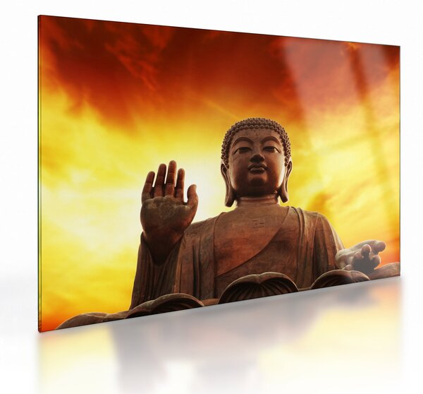 Skleněný obraz - Buddha s červenožlutým pozadím (70x50 cm)