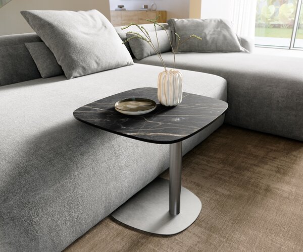DELIFE Konferenční stolek Edge oválný tvar 50x50 cm keramika Laminam® Noir Desir hnědá Eleny nerezová ocel broušená