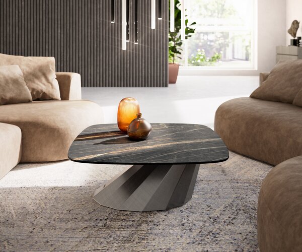 DELIFE Konferenční stolek Edge Boot 90x90 cm keramika Laminam® Noir Desir hnědá Parabi Metallic stříbrná