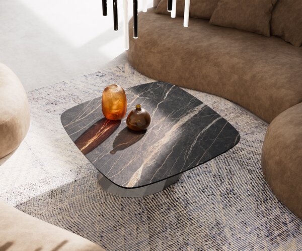 DELIFE Konferenční stolek Edge Boot 90x90 cm keramika Laminam® Noir Desir hnědá Parabi Metallic stříbrná