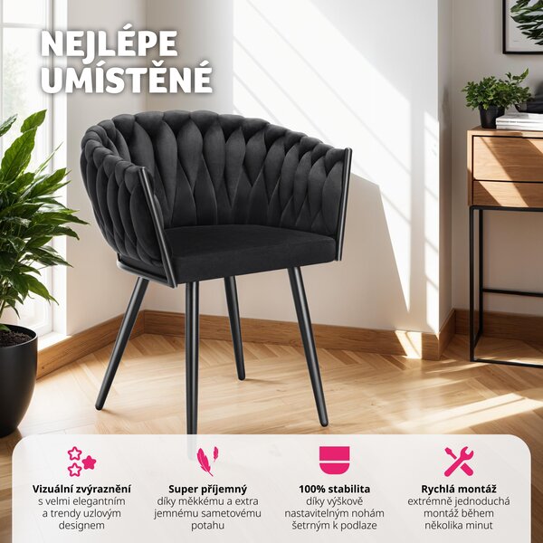Tectake® Set jídelní židle Astano čalouněná, se sametovým potahem, pletený vzor 60,5 x 55 x 75 cm