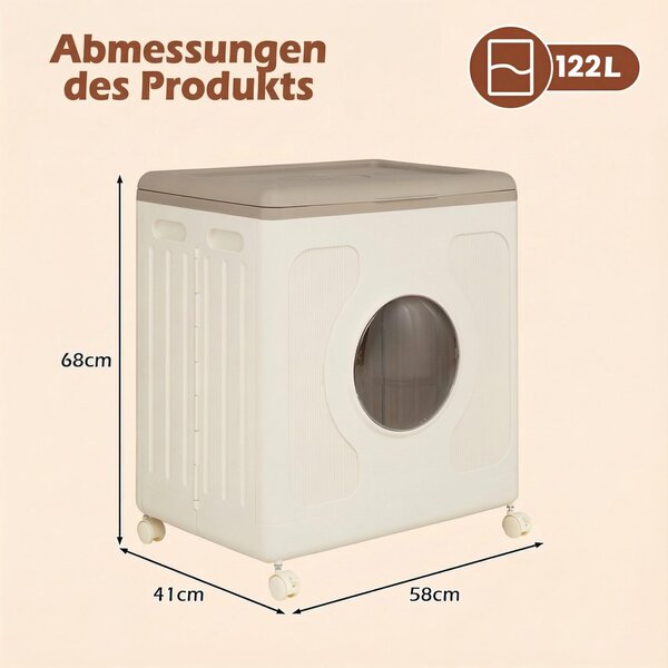 Úložný box COSTWAY, plastový koš na prádlo 45 l s kolečky, víkem a oknem, přenosný koš na prádlo pro domácnost, prádelnu a ložnici, šedý