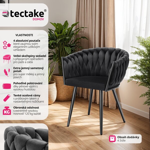 Tectake® Set jídelní židle Astano čalouněná, se sametovým potahem, pletený vzor 60,5 x 55 x 75 cm