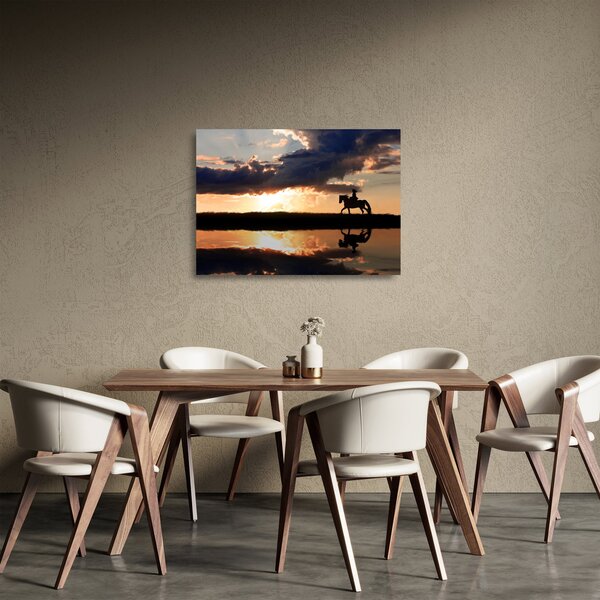 Skleněný obraz - Jezdec na koni při západu slunce (70x50 cm)