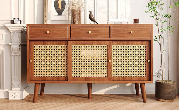 Fortuna Lai Sideboard, komoda se 3 zásuvkami a 3 posuvnými dvířky, ratanové proutí na čelních stranách dvířek, nohy z masivního dřeva, zlaté kovové úchytky, nastavitelné police, ořechová barva, 120 x 40 x 78 cm