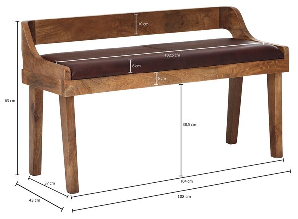 FineBuy čalouněná lavice s opěrkou 108 cm masivní dřevo pravá kůže hnědá – retro lavice do šatny ložnice – lavice do předsíně