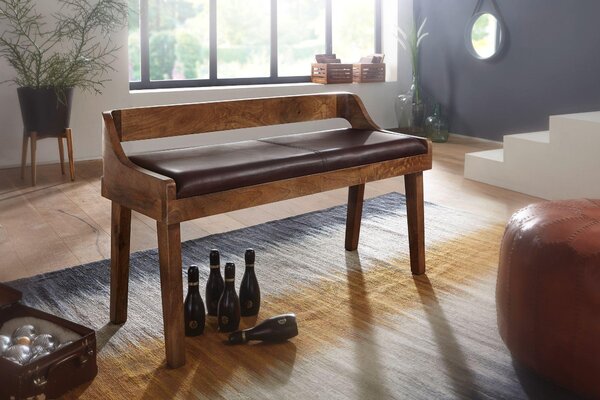 FineBuy čalouněná lavice s opěrkou 108 cm masivní dřevo pravá kůže hnědá – retro lavice do šatny ložnice – lavice do předsíně