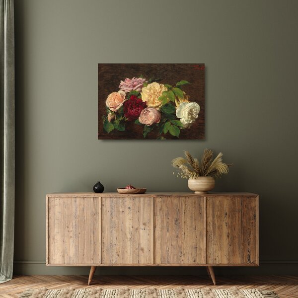 Skleněný obraz - Henri Fantin-Latour, Roses de Nice on a Table, reprodukce (70x50 cm)