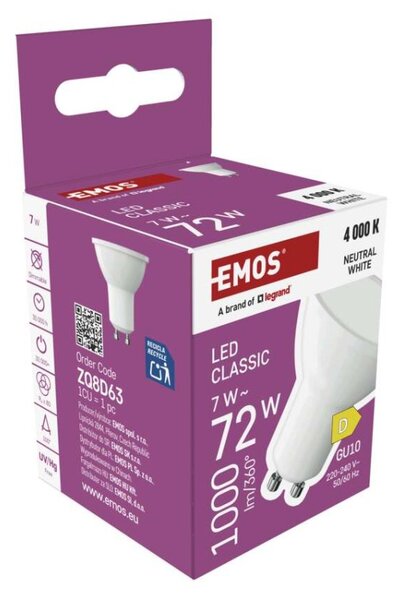 EMOS LED žárovka Classic MR16 bílá / GU10 / 7 W (72 W) / 1000 lm / neutrální bílá 1525730435