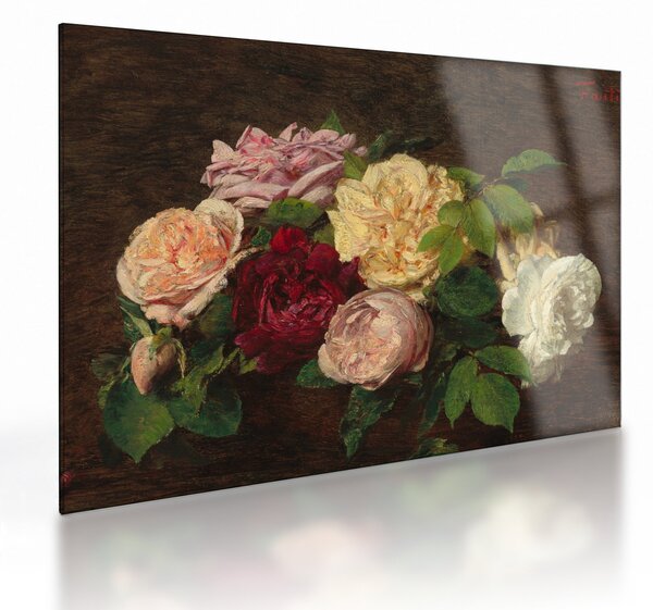 Skleněný obraz - Henri Fantin-Latour, Roses de Nice on a Table, reprodukce (70x50 cm)