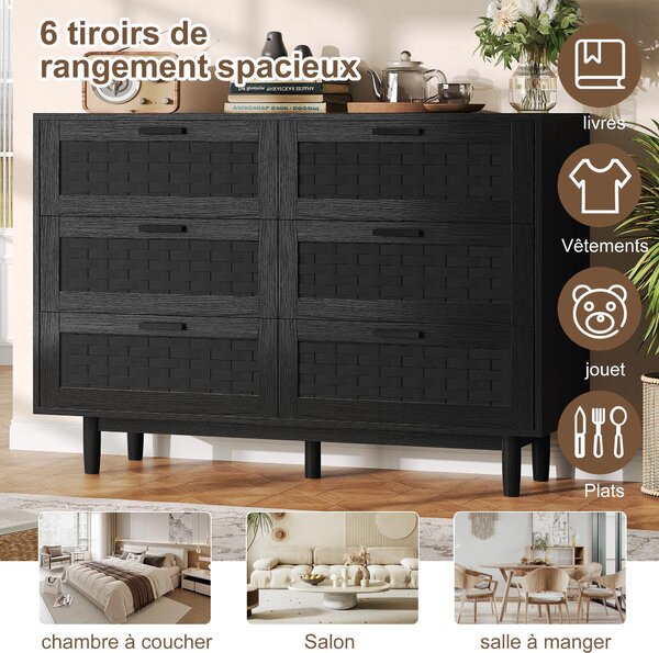 Dřevěná komoda s 6 zásuvkami z ratanu, zvýšenými nohami, černými kovovými úchytkami, úložným prostorem, 115 × 40 × 80 cm, černá