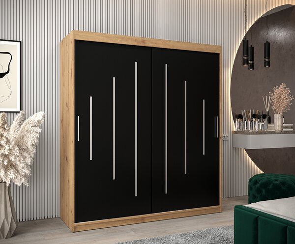 Šatní skříň s posuvnými dveřmi YORK - 180x200cm -Černá-Dub Sonoma-
