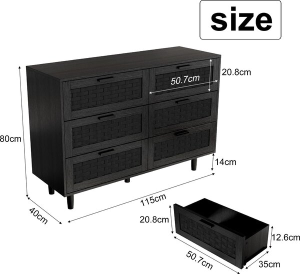 Dřevěná komoda s 6 zásuvkami z ratanu, zvýšenými nohami, černými kovovými úchytkami, úložným prostorem, 115 × 40 × 80 cm, černá