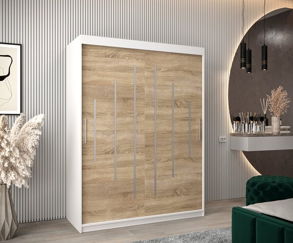Šatní skříň s posuvnými dveřmi YORK - 150x200cm -Bílá-Dub Sonoma-