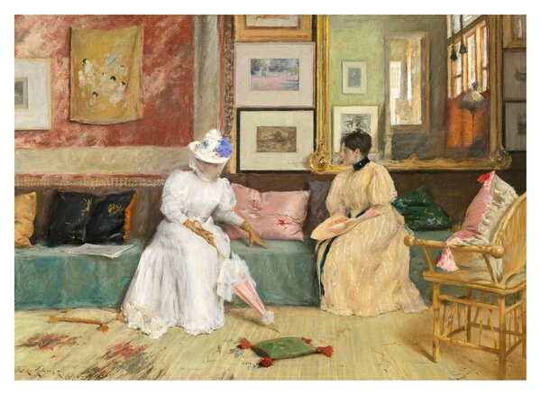 Skleněný obraz - William Merritt Chase, A Friendly Call, reprodukce (70x50 cm)