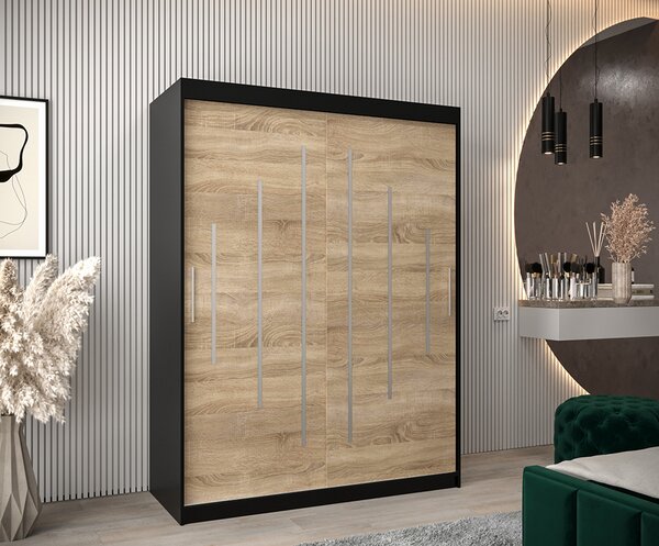 Šatní skříň s posuvnými dveřmi YORK - 150x200cm -Černá-Dub Sonoma-