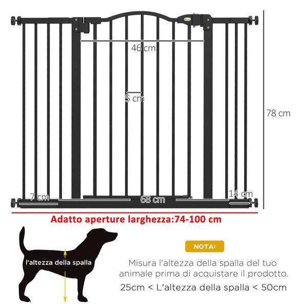 PawHut 78 cm Interiérová Psí Brána, Bezpečnostní Psí Brána, Rozšiřitelná Psí Bariéra 74-100 cm s Dvojitým Zámkem a Automatickým Uzavíráním pro Schody