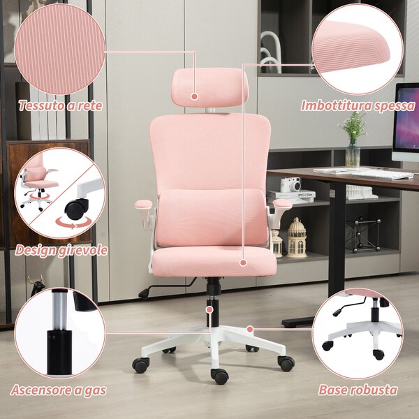 Ergonomická kancelářská židle Vinsetto s bederní podporou, sklápěcí opěrkami, nastavitelným opěradlem, otočná židle s vysokým opěradlem, výškově nasta