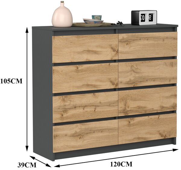 VBChome Komoda s 8 zásuvkami antracitová s dubem 120 x 39 x 105 cm Komoda bez úchytek dřevěná víceúčelová skříňka víceúčelová skříňka do předsíně