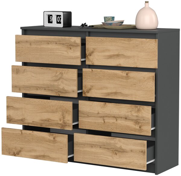 VBChome Komoda s 8 zásuvkami antracitová s dubem 120 x 39 x 105 cm Komoda bez úchytek dřevěná víceúčelová skříňka víceúčelová skříňka do předsíně