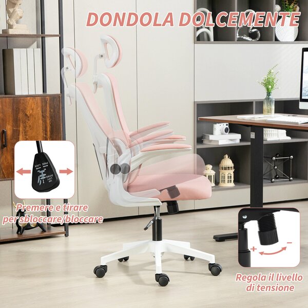 Ergonomická kancelářská židle Vinsetto s bederní podporou, sklápěcí opěrkami, nastavitelným opěradlem, otočná židle s vysokým opěradlem, výškově nasta