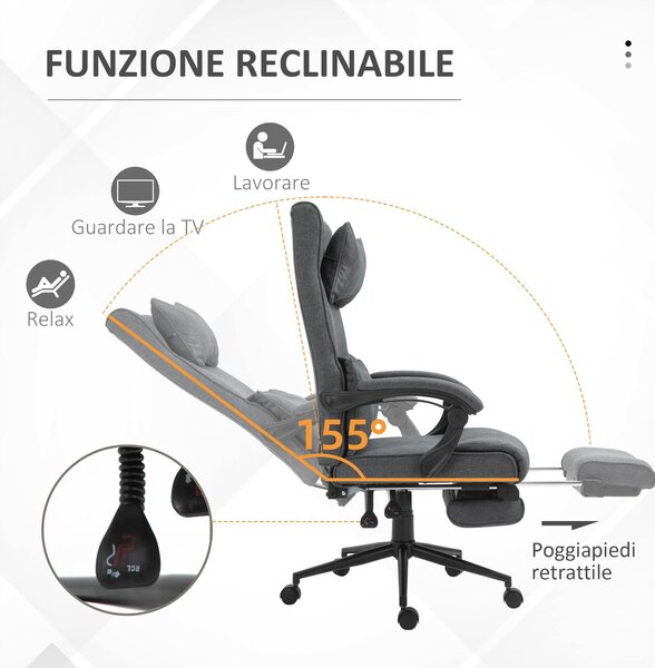 Vinsetto Ergonomická a polstrovaná kancelářská židle s nastavitelnou výškou, studentská židle s područky, hlavovou opěrkou, opěrkou nohou a 5 kolečky