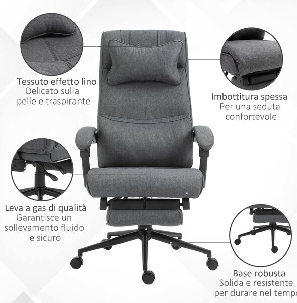 Vinsetto Ergonomická a polstrovaná kancelářská židle s nastavitelnou výškou, studentská židle s područky, hlavovou opěrkou, opěrkou nohou a 5 kolečky