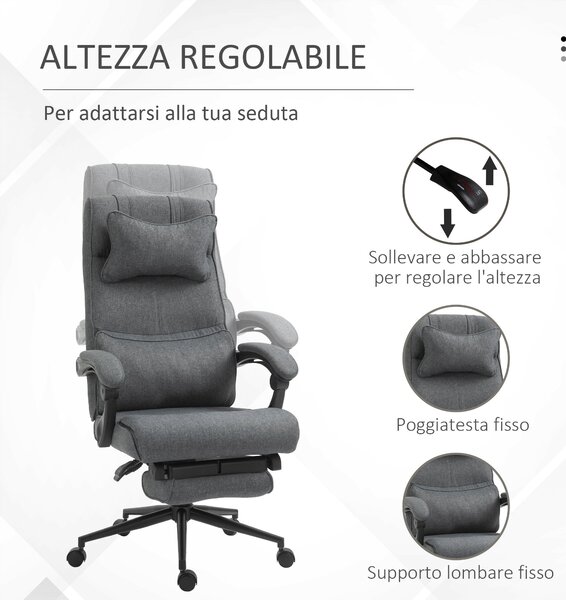 Vinsetto Ergonomická a polstrovaná kancelářská židle s nastavitelnou výškou, studentská židle s područky, hlavovou opěrkou, opěrkou nohou a 5 kolečky