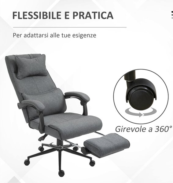 Vinsetto Ergonomická a polstrovaná kancelářská židle s nastavitelnou výškou, studentská židle s područky, hlavovou opěrkou, opěrkou nohou a 5 kolečky