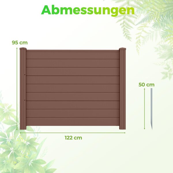 COSTWAY 2dílný zahradní plot 122 x 95 cm, plot se 3 sloupky, samostatně stojící plot z PP a pozinkovaného kovu, zasouvací lamelový plot, hnědý