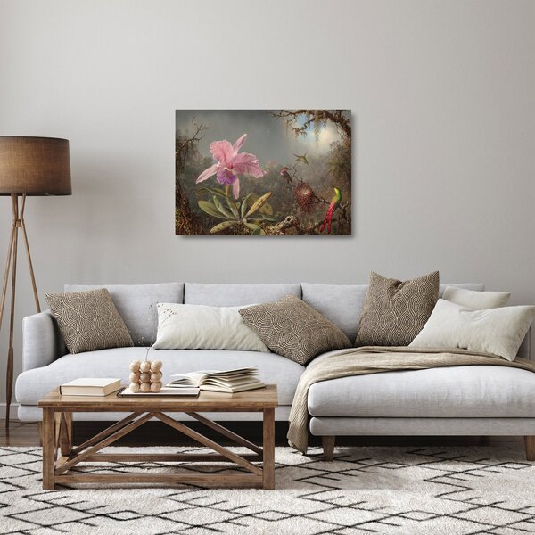 Skleněný obraz - Martin Johnson Heade, Cattleya Orchid and Three Hummingbirds, reprodukce (70x50 cm)